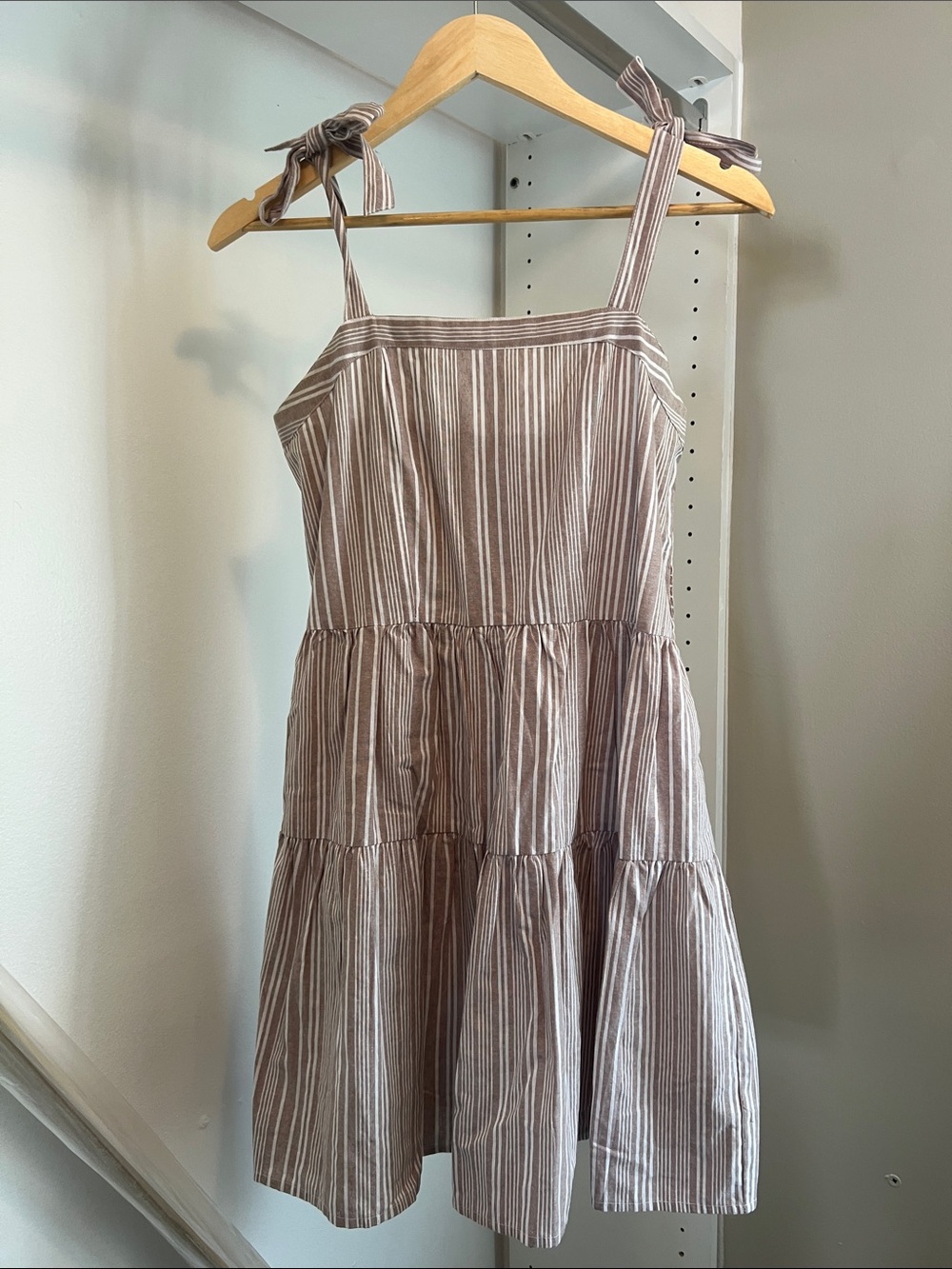 Sleeveless Tie-Shoulder Tiered Summer Dress in Taupe Stripe